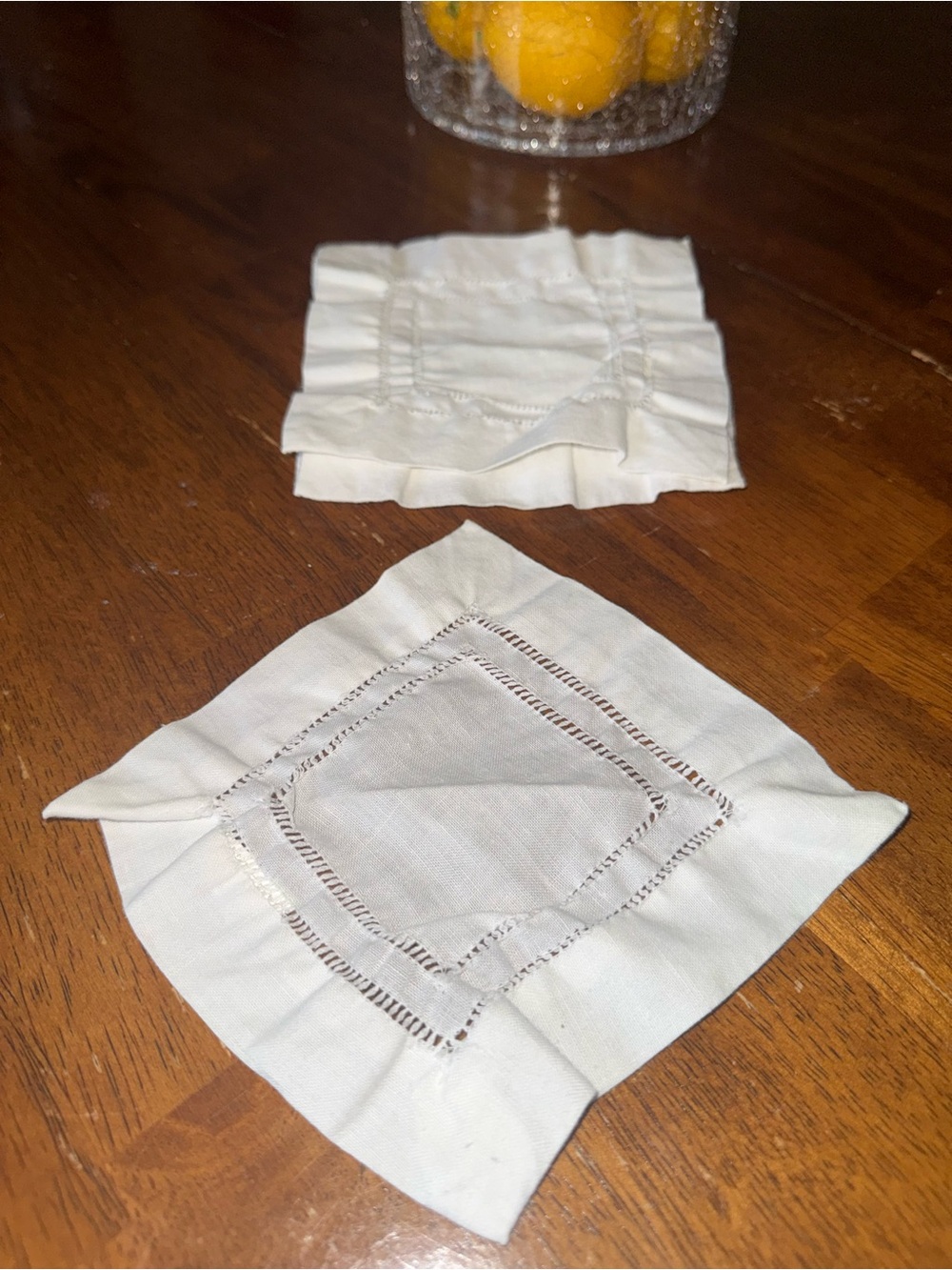 4 Vintage French Cotton Linen Hand Crocheted Napkins with Ruffle Edge